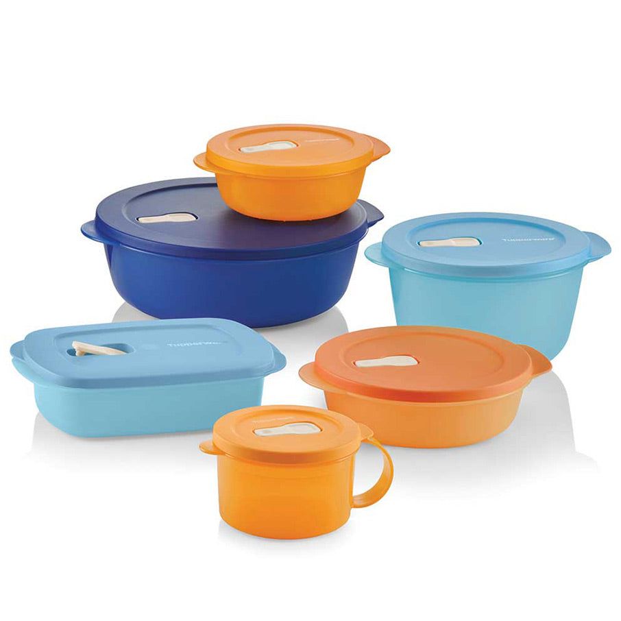 Tupperware Crystalwave 6-pc. Set Brown / Deep Blue / Blue Microwave Reheatable | 45208-MJNG